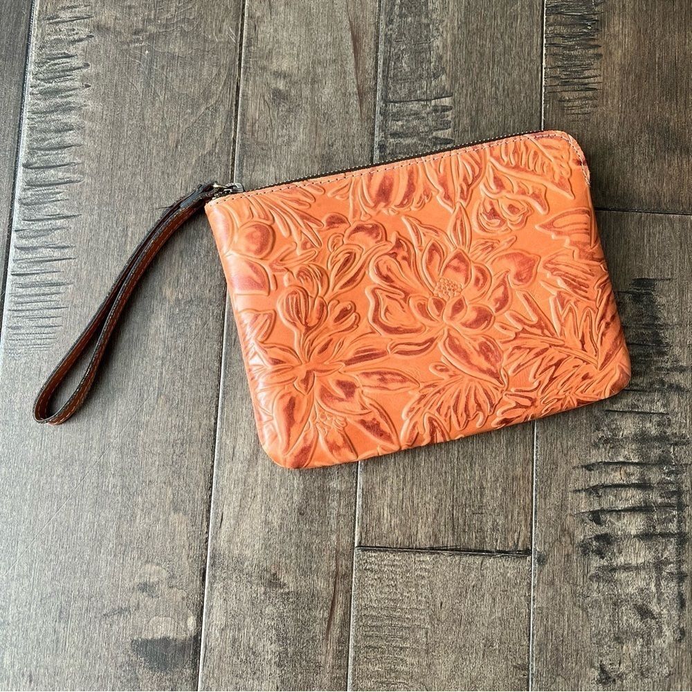 Patricia Nash Wristlet Clutch Bag Patina Leather Floral Brown Tan